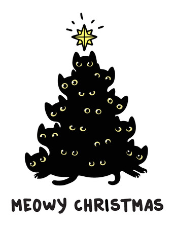 Netter Comic Schwarze Katzen Weihnachtsbaum Silhouette Mit Text Meowy Weihnachten Lustige Grusskarte Vektor Illustration Lizenzfrei Nutzbare Vektorgrafiken Clip Arts Illustrationen Image 49155670