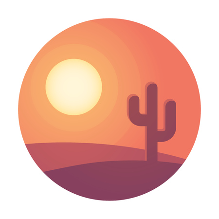 Sunset landscape vector: Flat cảnh hoàng hôn phim hoạt hình sa mạc với cây xương rồng trong vòng tròn. Background vector minh họa.