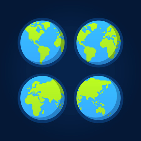 set of 4 flat globe icons stylized geometric world map earth from space