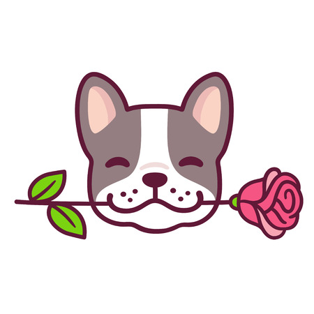 Funny cartoon french bulldog puppy holding rose in mouth. cute valentines day dog greeting card vector illustration. Векторная Иллюстрация