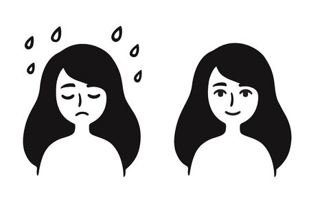 悲しい うつ病の顔と正常な コンテンツ表現を持つ若い女の子 黒と白のシンプルな漫画の描画 うつ病やストレスを克服し メンタルヘルスベクトルクリップアート イラスト のイラスト素材 ベクタ Image 悲しい うつ病の顔と正常な コンテンツ表現を持つ若い女の子 黒と白のシンプルな漫画の描画 うつ病やストレスを克服し メンタルヘルスベクトルクリップアート イラスト のイラスト素材 ベクタ Image