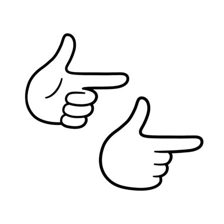 Cartoon hand gesture showing finger guns. simple black and white comic drawing. isolated vector illustration.