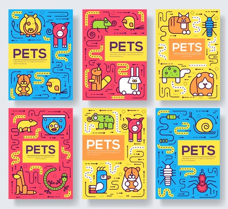 Animal vector brochure cards thin line set. cute home pets template of flyear, magazines, posters, book cover, banners. layout domestic wildlife outline illustrations modern pages. Stock Photo