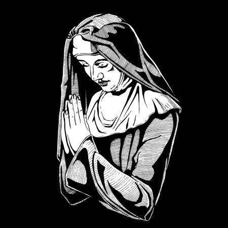 ベクトルは手刻まれたヴィンテージスタイルの修道女が祈りの描き下ろしイラストです 黒の背景上に分離 のイラスト素材 ベクタ Image