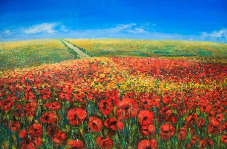 Acrylic landscape with blue sky and red poppies - 12189917