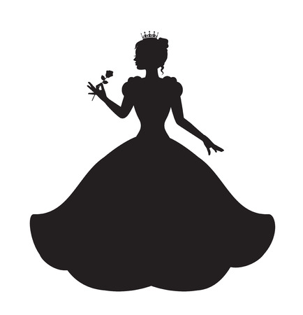 princess silhouette in long lush dress holding a rose royalty free