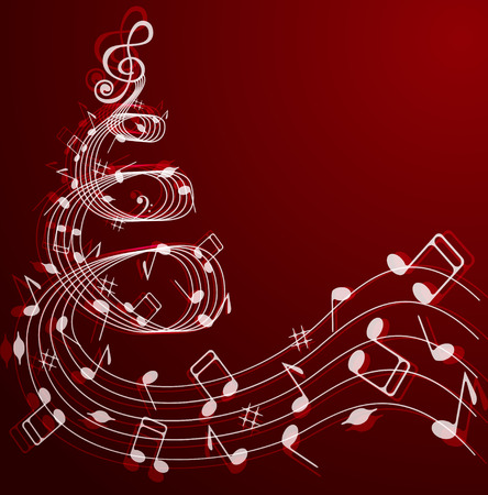 Notes and treble clef in the shape of a Christmas tree on a red background . Иллюстрация