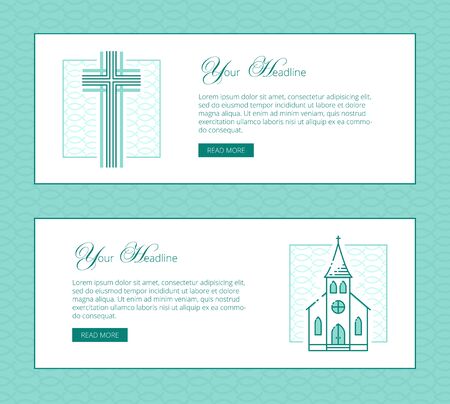 宗教現代教会プロモーション資料ベクトルの細い線の横断幕のテンプレート クロスと教会のイラストが白黒の細い線のイラスト素材 ベクタ Image