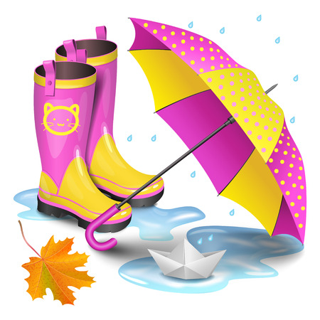 Regen Sie Rote Gumboots Mit Punkten In Der Pfütze Paare Gumboots Regnen Sie Rote Stiefel Mit Den Punkten, Die