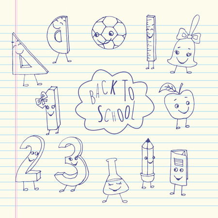 手は 練習帳のシートにかわいい学校の文字を描画されます シグネチャを持つ学校アイテムをスケッチした 学校 に戻るのイラスト素材 ベクタ Image