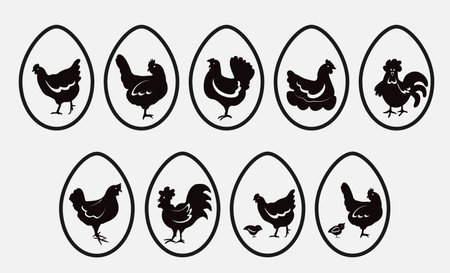 Ensemble d'oeufs avec des silhouettes de poule et de coq. illustration vectorielle Banque d'images