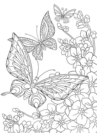 butterfly: bướm phim hoạt hình cách điệu và hoa sakura cô lập trên nền trắng. Phác thảo cho trang màu antistress người lớn. hoa, vẽ nguệch ngoạc, các yếu tố thiết kế cho cuốn sách tô màu.