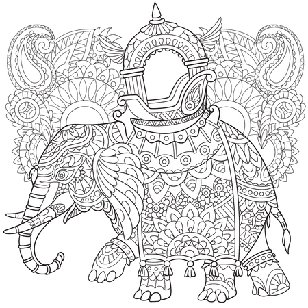 Cartoon Elephant With Paisley And Mehndi Symbols Sketch For Adult Antistress Coloring Page Hand