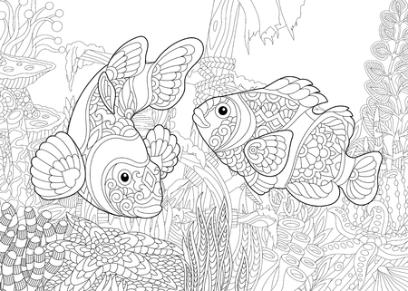 coloring page of underwater world clown fish on the background