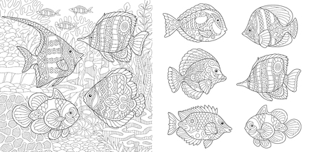Shoal Of Tropical Fishes Different Species Coloring Pages Adult