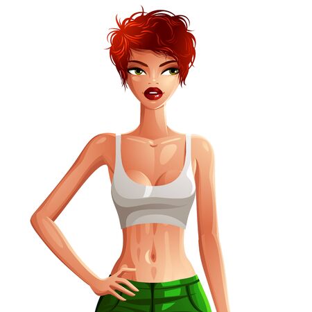 スポーツウェアの魅力的な白い肌の女性 カラフル モダンな髪型でかわいいスレンダー白人少女の図面で彼女を持って腰に手します スポーツとフィットネスのテーマ イラスト のイラスト素材 ベクタ Image スポーツウェアの魅力的な白い肌の女性 カラフル モダンな髪型でかわいいスレンダー白人少女の図面で彼女を持って腰に手します スポーツとフィットネスのテーマ イラスト のイラスト素材 ベクタ Image