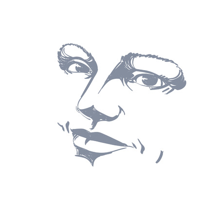 静かな魅力的な女性 顔特徴のモノクロ シルエット 手描きのベクトル イラスト 女性の顔のアウトラインします のイラスト素材 ベクタ Image