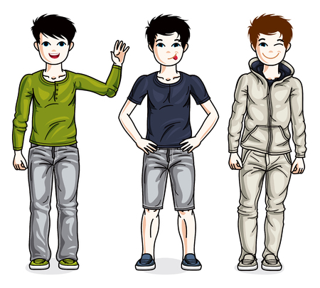 美しい小さな男の子かわいい子供別のカジュアルな服を着て立っています ベクター子供のイラスト セット 幼年期および家族の生活漫画です のイラスト素材 ベクタ Image