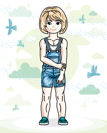 鳥と雲と自然を背景に立っている私服で金髪かわいい女の子幼児 かわいい子のベクター イラストです のイラスト素材 ベクタ Image