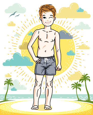 カラフルなスタイリッシュなビーチショートパンツでポーズ美しい幸せな若いティーンエイジャーの少年 ベクトルの子供のイラスト 子供の頃のライフスタイル漫画 のイラスト素材 ベクタ Image
