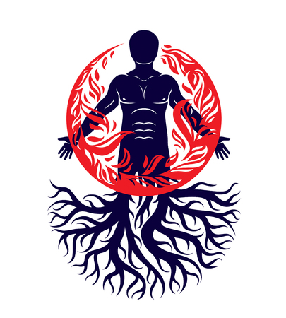 木の根で作成された人間のベクター イラストです 人と自然の調和 火の男は 火の玉で覆われています のイラスト素材 ベクタ Image 89146425