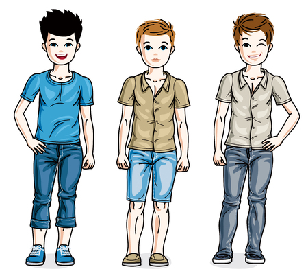 かわいい男の子の異なる別のカジュアルな服を着て立っています ベクター子供のイラスト セット のイラスト素材 ベクタ Image かわいい男の子の異なる別のカジュアルな服を着て立っています ベクター子供のイラスト セット のイラスト素材 ベクタ Image