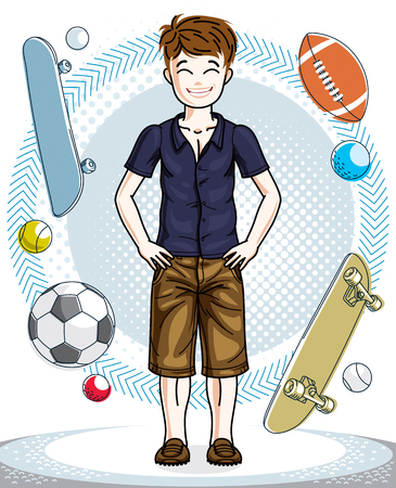 子若い十代の少年かわいいおしゃれなカジュアル服で立っています ベクターの子供のイラスト ファッションやライフ スタイルのテーマ漫画 のイラスト素材 ベクタ Image