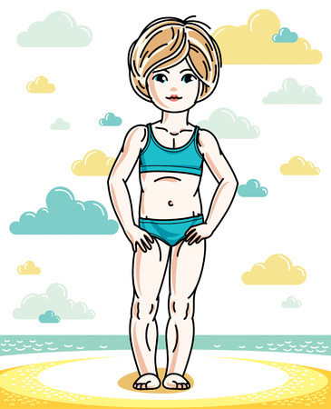 小さな赤い髪の少女のかわいい子供をビキニでビーチに立っています ベクトルの魅力的な子供のイラスト のイラスト素材 ベクタ Image