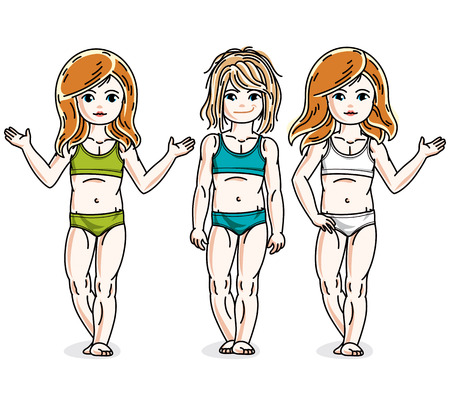 カラフルなビキニを着てポーズかわいいの幸せな女の子 ベクター子供のイラスト セット のイラスト素材 ベクタ Image 7576