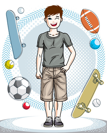 ハンサムな子男の子立っているカジュアルな服を着て のイラスト素材 ベクタ Image