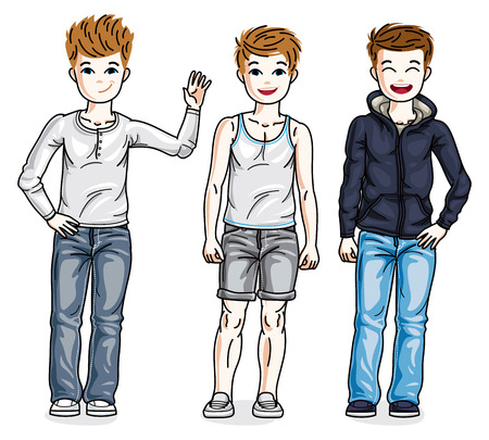 小さな男の子かわいい子供別のカジュアルな服を着て立っています ベクター子供のイラスト セット 子供の頃や家族のライフ スタイルのクリップアート の イラスト素材 ベクタ Image