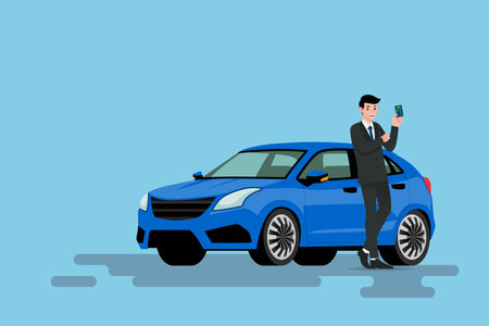 幸せなビジネスマンは 彼の新しい車に身を乗り出し 彼はそれを買うために使用した彼のクレジットカードを示しています のイラスト素材 ベクタ Image 幸せなビジネスマンは 彼の新しい車に身を乗り出し 彼はそれを買うために使用した彼のクレジットカードを示しています のイラスト素材 ベクタ Image