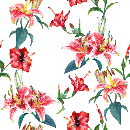 Tropical Pink Lilies And Red Hibiscus Flowers Seamless Floral Pattern Hand Painted Watercolor Tropical Pink Lilies And Red Hibiscus Flowers Seamless Floral Pattern Hand Painted Watercolor
