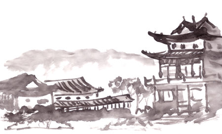 白い背景の上の伝統的な日本の建物。水墨画と水彩による墨絵風の