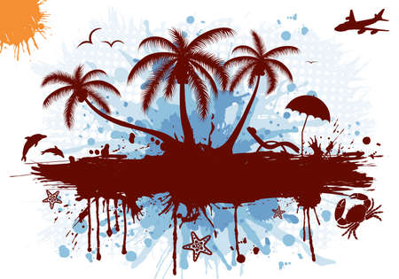 Summer frame with palm tree, dolphin, crab, starfish, vector illustration