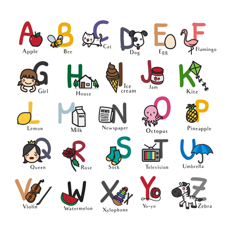 子供のためのかわいい漫画で Abc のアルファベット 手描きベクトル イラスト白背景に分離されました のイラスト素材 ベクタ Image