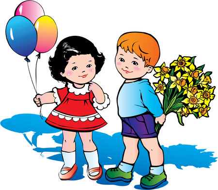 Beautiful children with big bouquet of flowers. Happy childhood. Иллюстрация