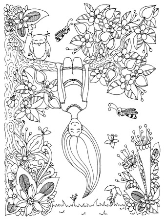 Coloring Book Anti Stress For Adults Black And White Vector Illustration Zen Tangle Girl Hangs On A Tree Upside Down Doodle Floral Frame