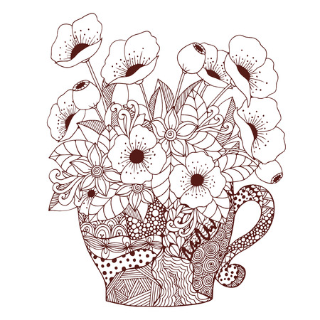 Vector Illustration Zen Tangle Cup And Poppies Doodle Drawing Coloring Book Anti Stress