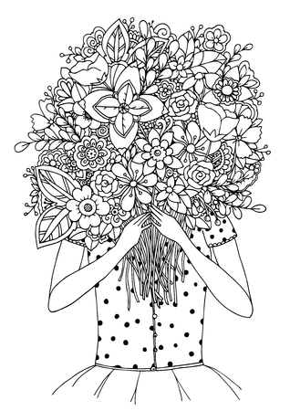 Vector Illustration Zentangl A Girl And Bouquet Of Flowers Doodle Drawing Meditative