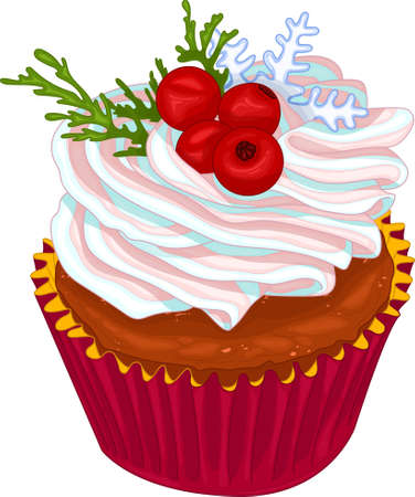 Realistic colorful cupcake with pastel cream, berries, snowflake and pine branch template. Bright Christmas cartoon food vector illustration for games, background, pattern, decor. Print for fabrics