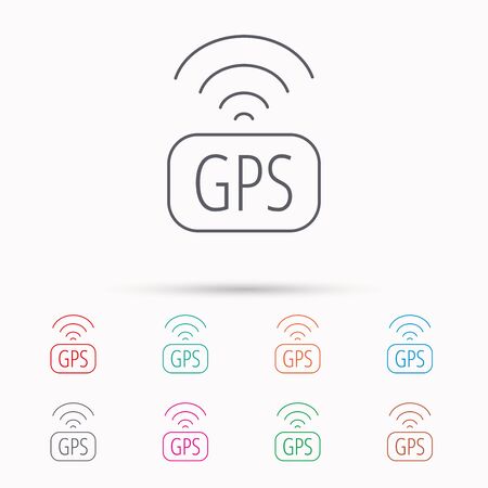 Gps ナビゲーションのアイコン 地図記号を配置します 無線信号のシンボル オレンジ色の背景上の線形アイコン ベクトルのイラスト素材 ベクタ Image