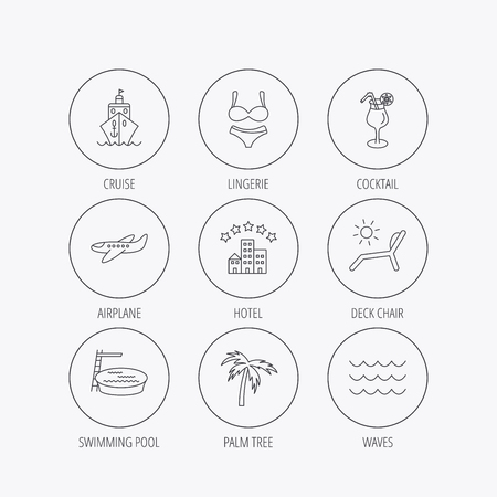 クルーズ 波およびカクテル アイコン ホテル ヤシの木 プール線形標識 飛行機 デッキチェアとランジェリーのフラット ライン アイコン 線形色付きの アイコン のイラスト素材 ベクタ Image クルーズ 波およびカクテル アイコン ホテル ヤシの木 プール線形標識 飛行機 デッキチェアとランジェリーのフラット ライン アイコン 線形色付きの アイコン のイラスト素材 ベクタ Image