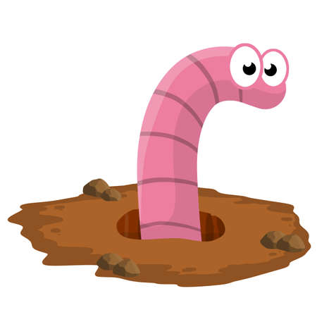 Worm in hole. cute little character. brown landscape. children's flat drawing. pink insect in nature