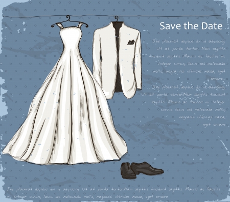 cartel de la vendimia con un vestido de novia y esmoquin ilustración