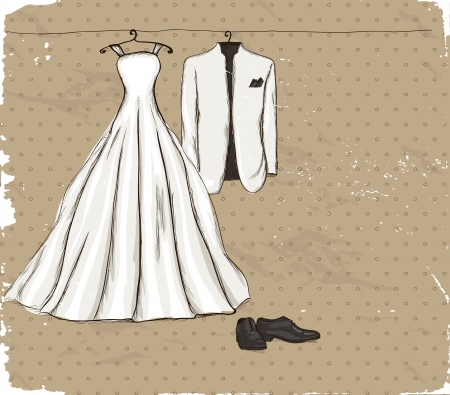 cartel de la vendimia con un vestido de novia y esmoquin ilustración