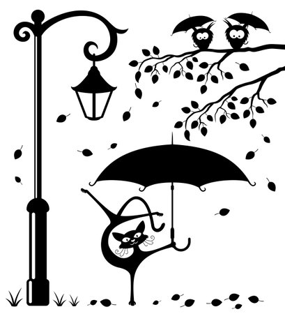 Funny cat with an umbrella. Vector Illustration
