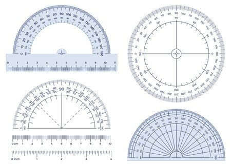 Gradenboog. hoeken meetinstrument, ronde 360 graden graden schaal en 180 graden meten vector illustratie set. uitrusting gradenboog naar hoekmaat, opstellingskaart