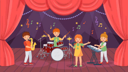 Bande dessinée de musique pour enfants sur scène de théâtre avec rideau. garçons jouant de la batterie et du saxophone, filles chantant