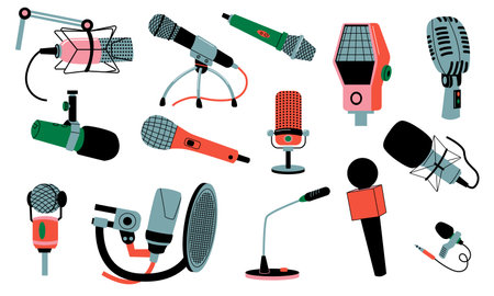 Ensemble de micro de dessin animé. microphones pour la performance sur scène, l'enregistrement en studio, la diffusion de podcast audio, la voix de karaoké, le style plat d'équipement d'enregistrement de musique. illustration vectorielle isolée